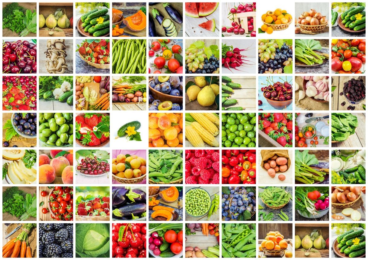 collage of fruits and vegetables in one photo.